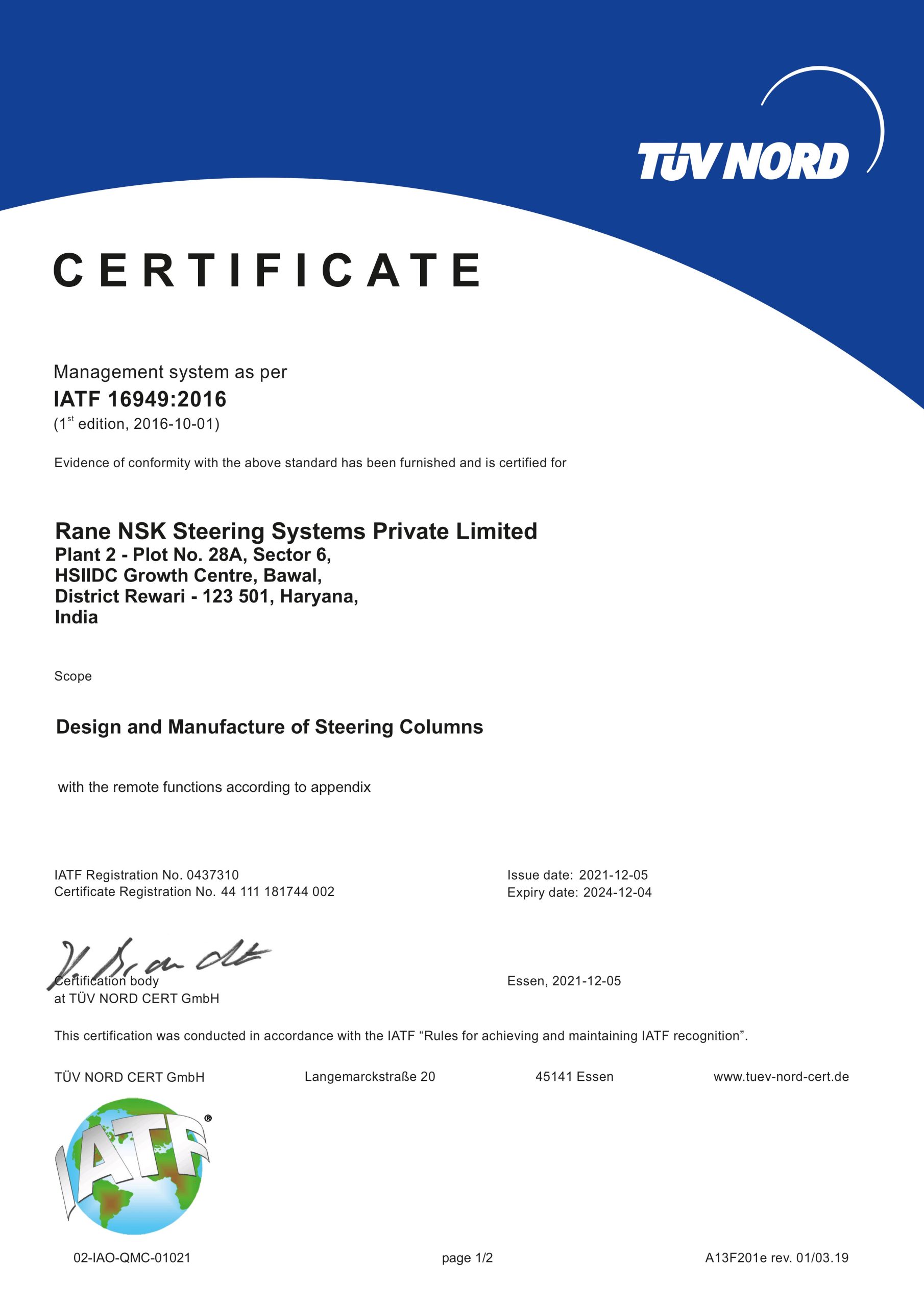 P2 RCA RNSS-B IATF Certificate 0437310-1