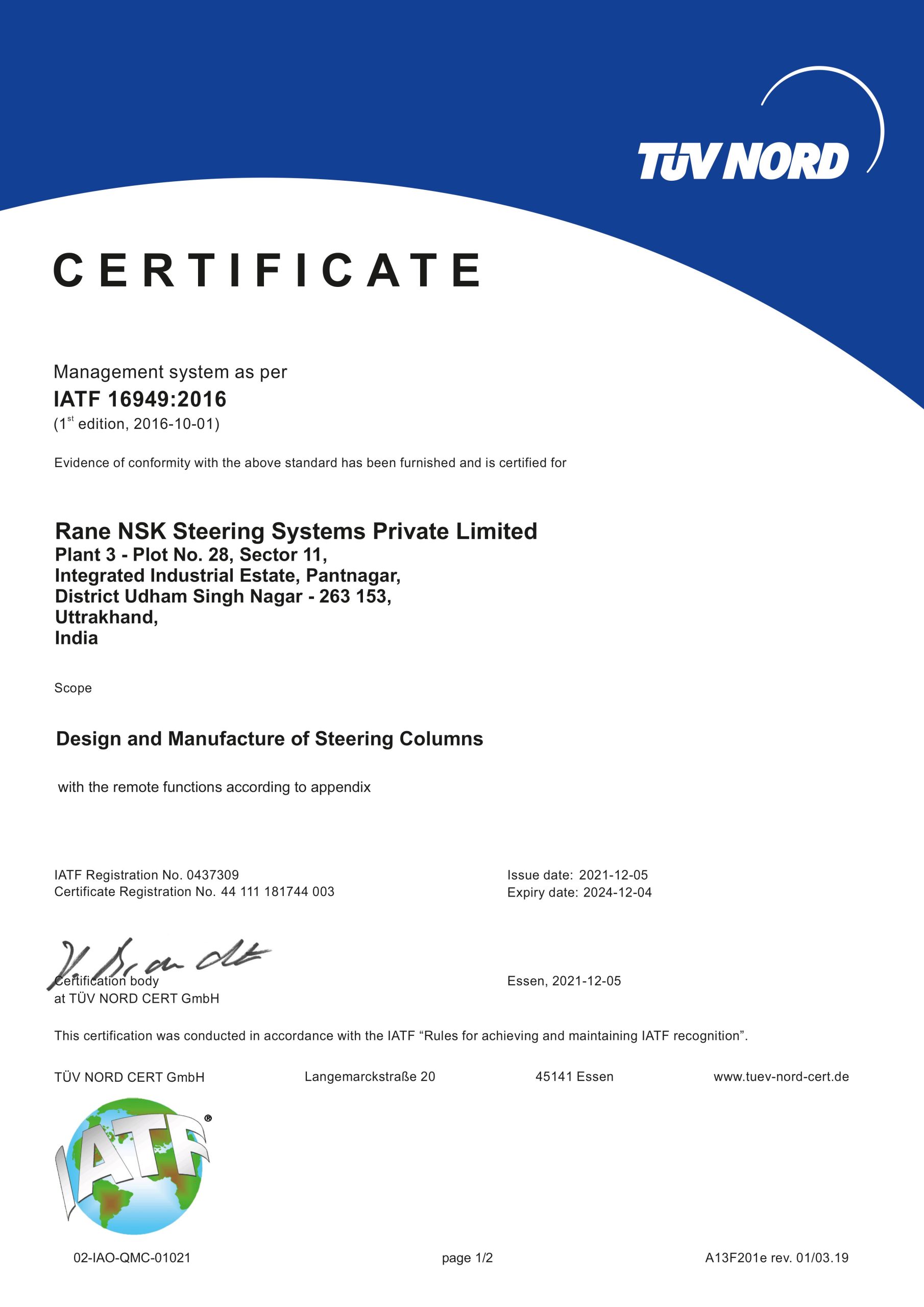 P3 RCA RNSS-P IATF Certificate 0437309-1